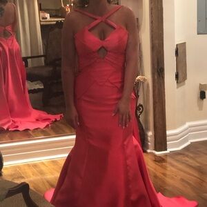 Rachel Allan Couture watermelon red gown